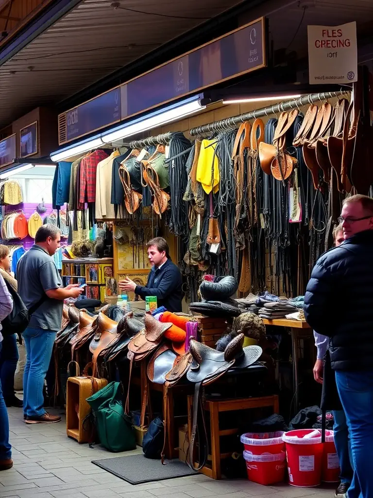 An image of a bustling flea market stall filled with saddles, bridles, and riding gear at Les Écuries de Diamant.