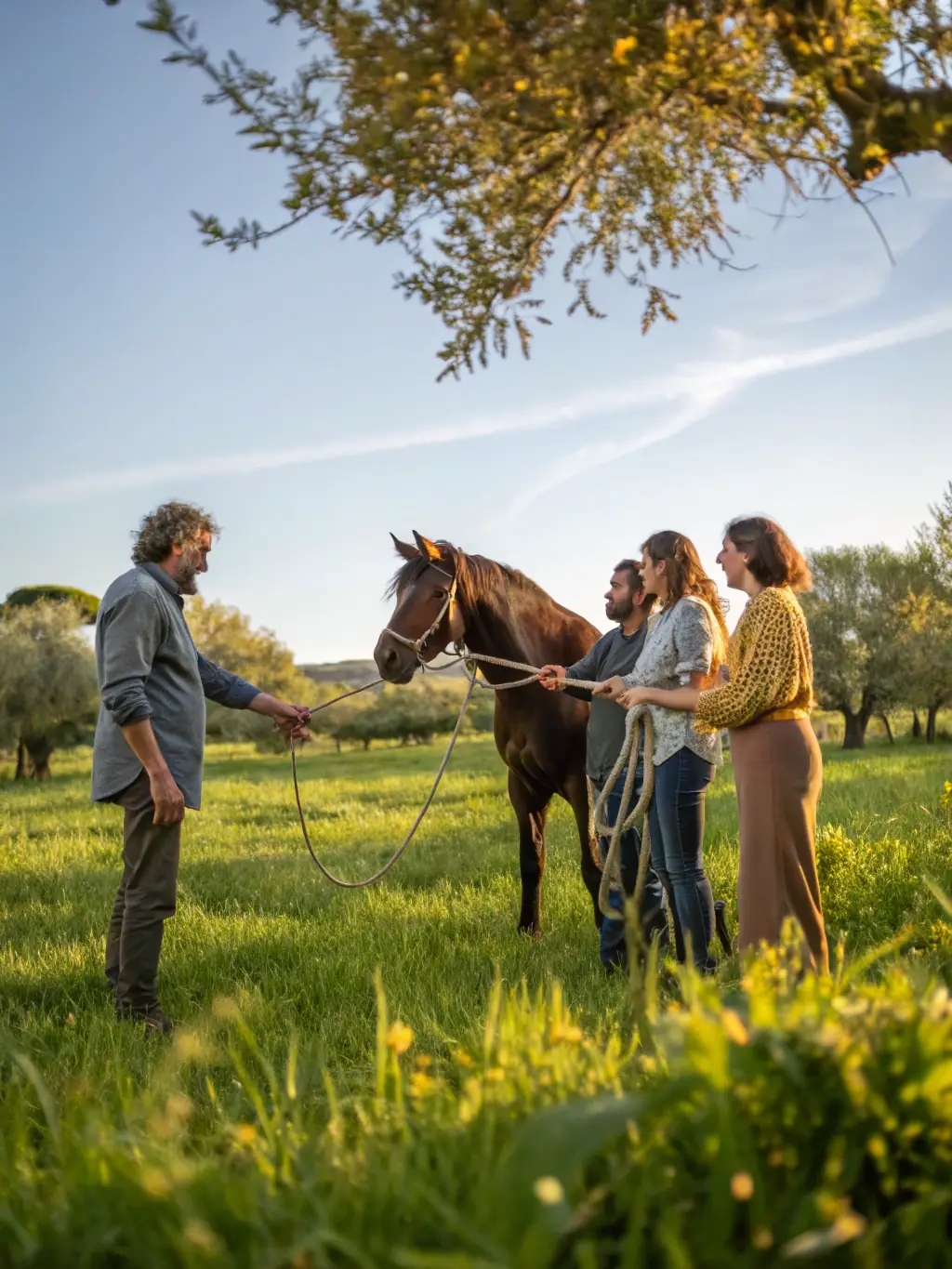 A group of people attending an educational workshop about horse care at Les Écuries de Diamant.